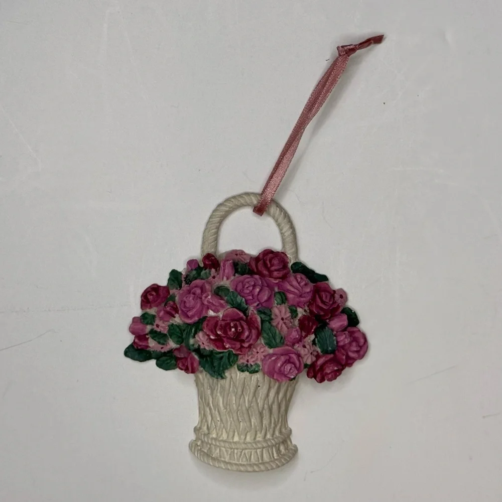 Elegant White Basket Ornament with Pink Roses and Green Leaves
